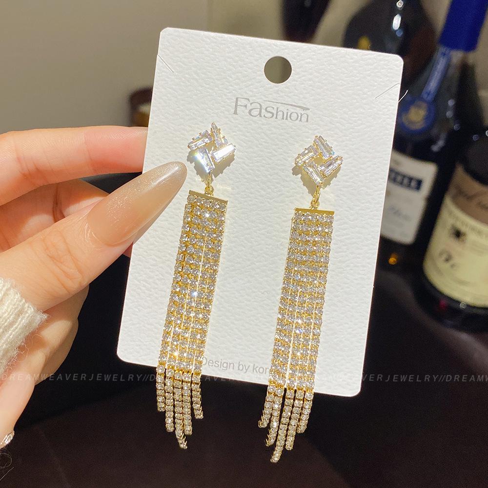 925 Sterling Silver Full Diamond Tassel Earrings – High-End European & American Style, Super Shiny, Luxurious Ear Jewelry for Women.