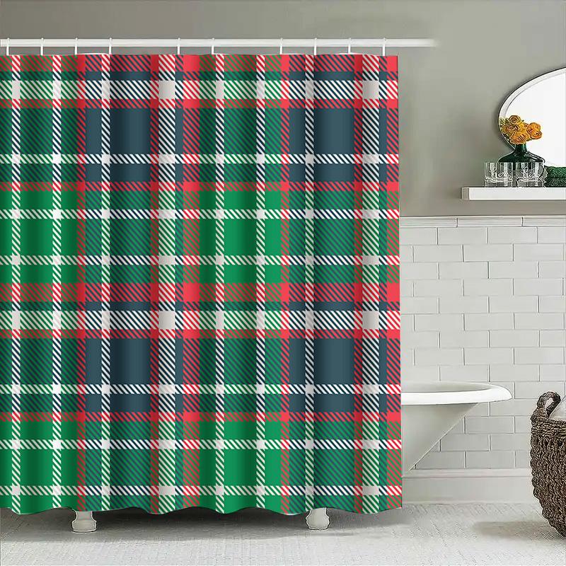 Green Red White Plaid Shower Curtain Waterproof Fabric Bathroom Decor Accessories For Home Improvement Xmas Holiday Decoration G