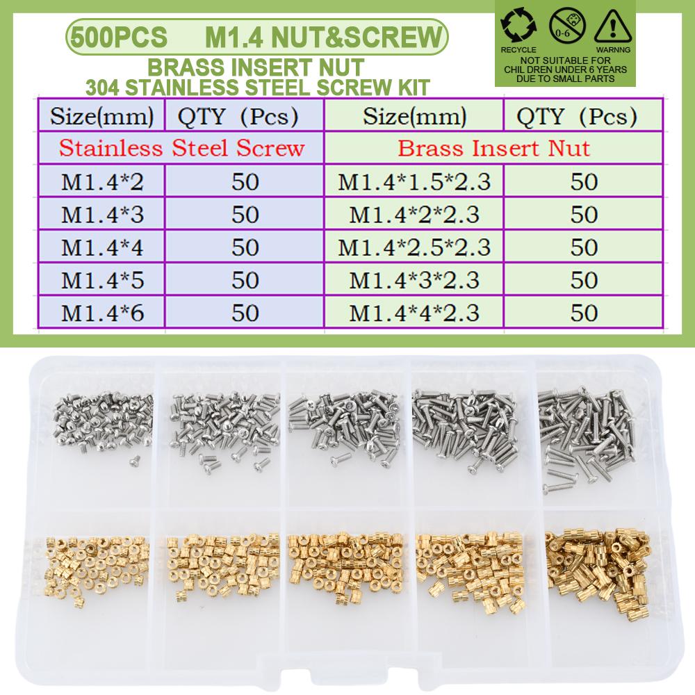 M1 M1.4 M1.6 M1.7 Brass Hot Melt Knurled Insert Nuts and Screw set Threaded Embedded Copper Nut Bolt kit for 3D Printer 500 pcs