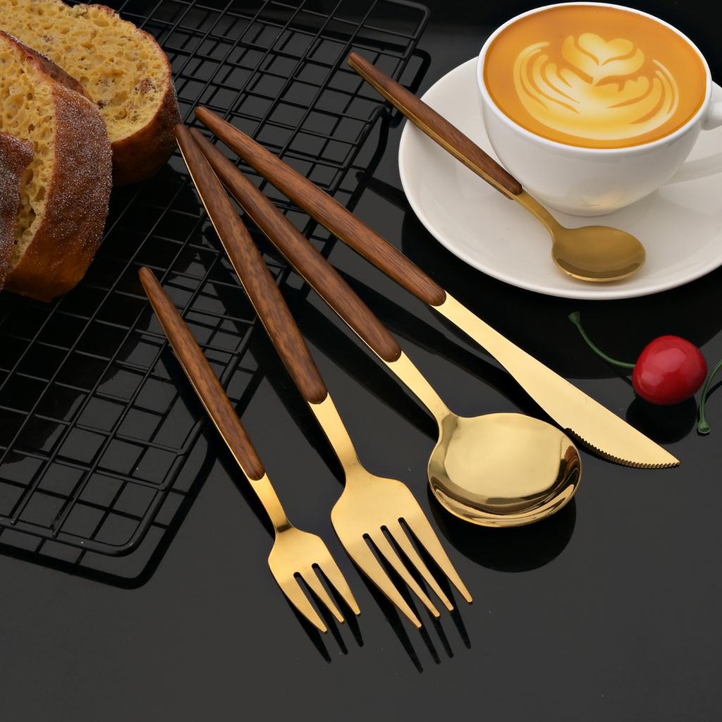 Conjunto de talheres de aço inoxidável premium de 20 peças - cabo de madeira ergonômico, polido espelhado, serviço para 4