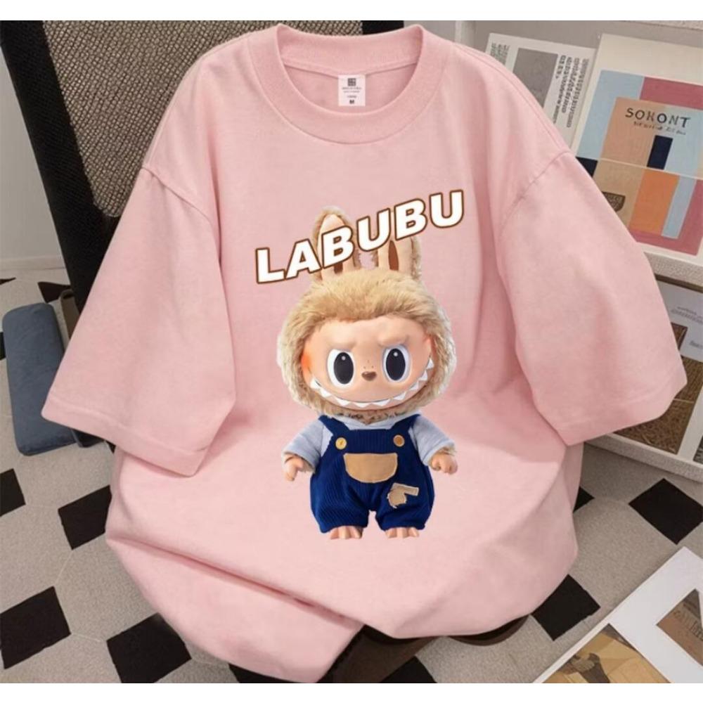 Summer New 2025 Women Labubu Anime Printing Short Sleeved T Shirt Round Neck Daily Fashion Clothes