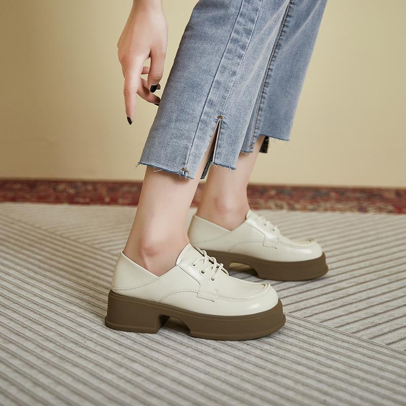 2025 spring new British style lace-up platform loafers retro round head small leather shoes women's genuine leather heightening women's shoes