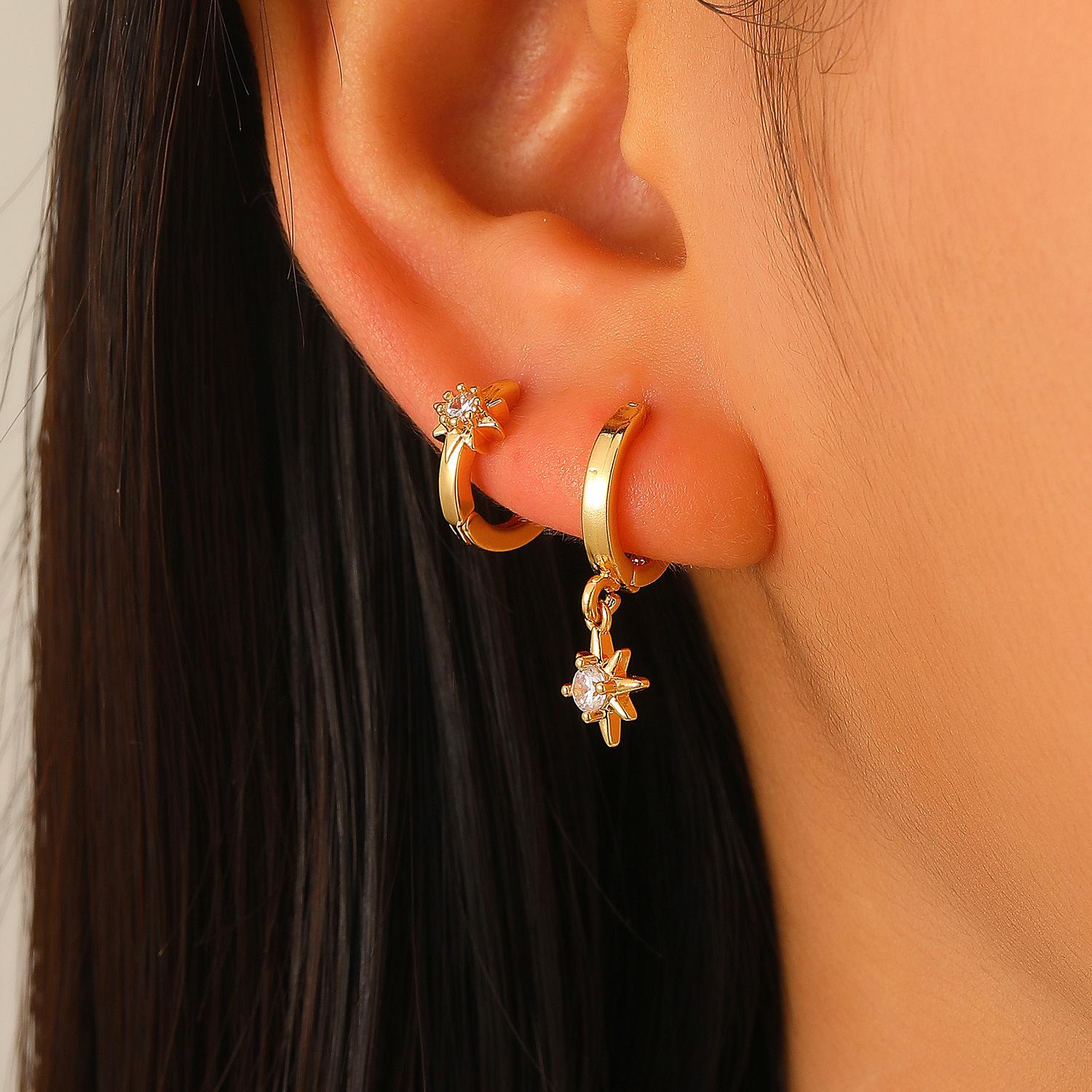 Elegant Asymmetrical Eight-Pointed Star Earrings, French Light Luxury Style, Simple Gold Ear Cuffs for Women