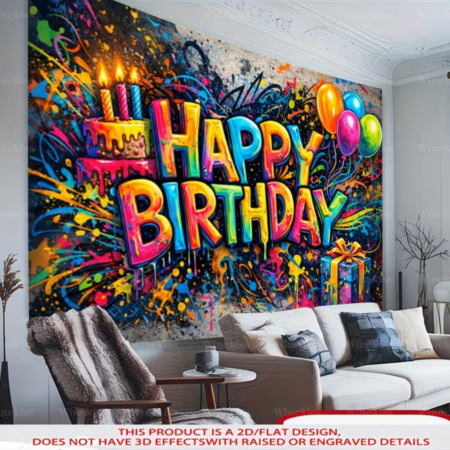 1pc 2D Flat Graffiti Happy Birthday Backdrop Banner Colorful Birthday Theme Decor For Garden Patio Indoor Outdoor Party Celebration Photo