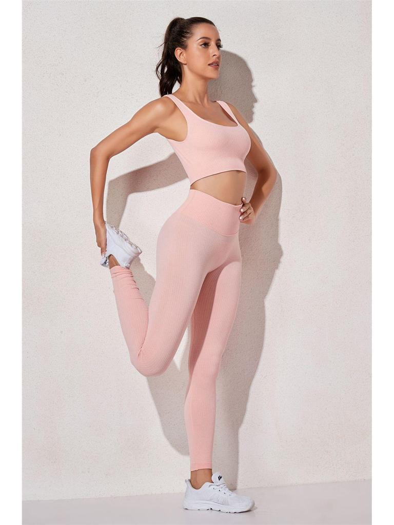 Women's Solid Color Seamless Ribbed Sports Bra and High Elastic Yoga Set