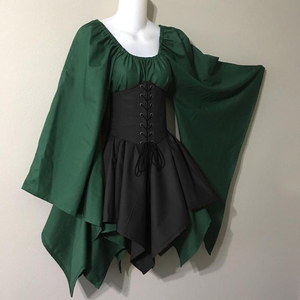 Women's V Neck Long Sleeve Midi Dress Asymmetric Fit Mid Waist Vintage Medieval Color Block Corset Dress