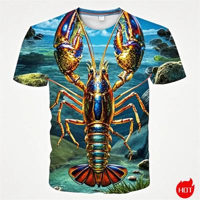 Summer Round Neck Funny Crayfish Graphic 3D Print Top Fashionable Casual Short Sleeved Men's T-shirts