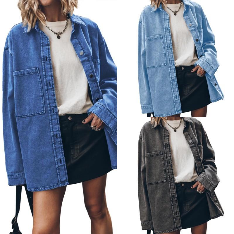 Womens Relaxed Fit Denim Shirt Jacket With Turn-Down Collar Large Pockets Blue Light 2025