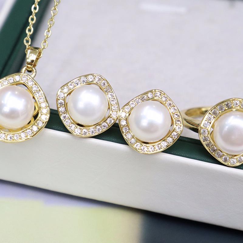 Elegant 8-9mm Freshwater Pearl Necklace, Silver Stud Earrings, and Ring Set for Women