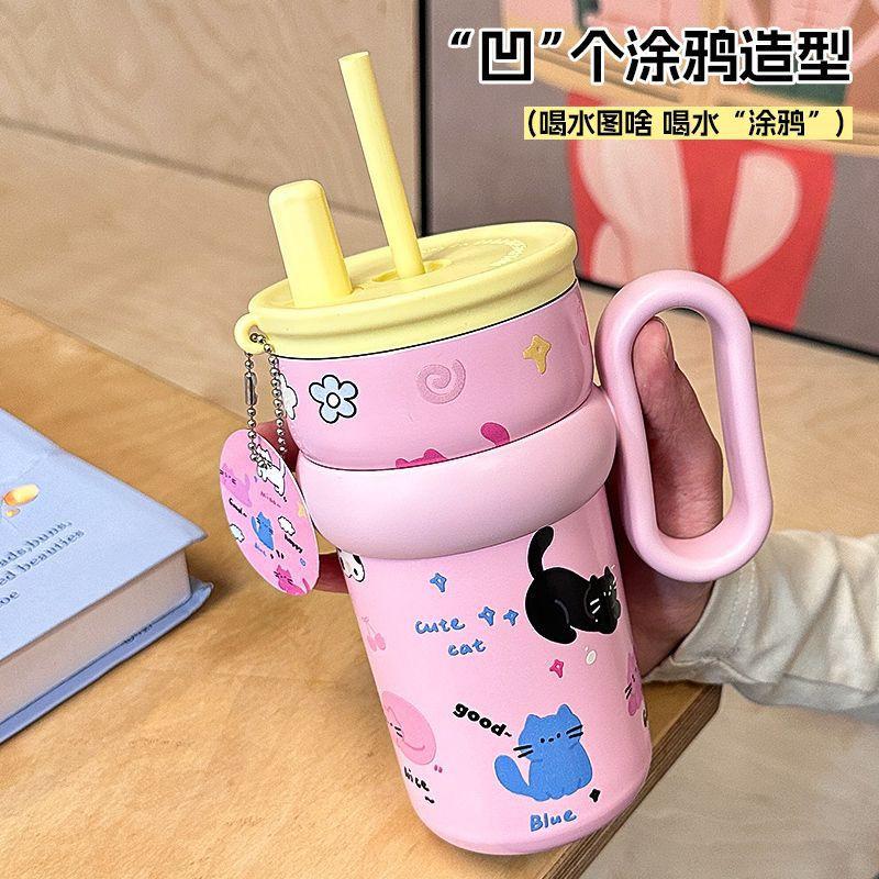 Large Capacity Insulated Stainless Steel Travel Mug With Handle Straw Women Office Students