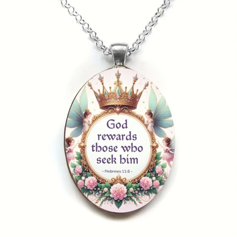 A Christian faith reminder pendant necklace. Hebrews 11:6 God rewards those who seek him. Time gem suitable for men and women to wear as a gift.