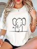 Simple Lines Elephant Pattern Print Summer Women's Cute T-shirt Short Sleeved Top Round Neck Casual Summer Fashion Top