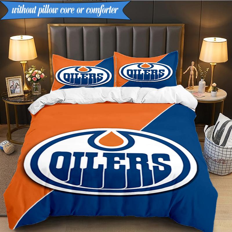 3PCS Edmonton Oilers Emblem Bedding Set,Including 1pc Duvet Cover And 2pcs Pillowcases Perfect for Bedroom, Dormitory, Fan Christmas Gift