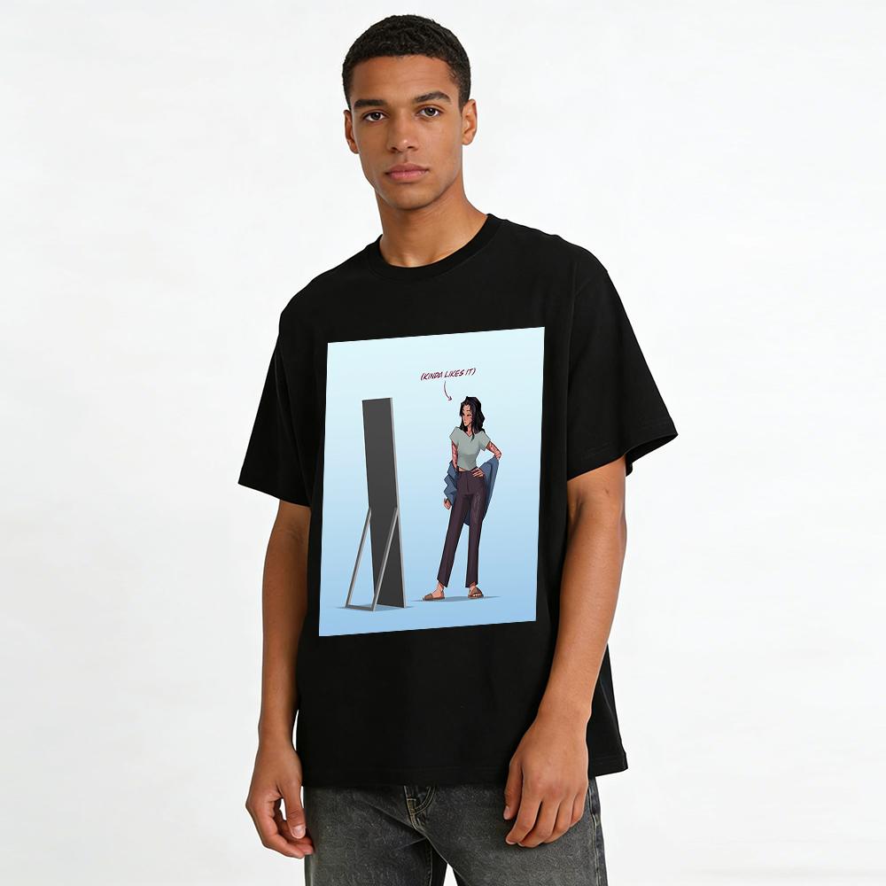 Tattoo Girl Looking In Mirror Graphic Tee Casual Loose Fit Trendy Daily Wear Top Pure Cotton T-shirt
