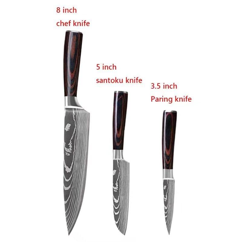 Japanese Chef Knife Set 3pcs Damascus Steel Pattern Kitchen Knives Sets Cleaver Paring Santoku Slicing Utility Knife