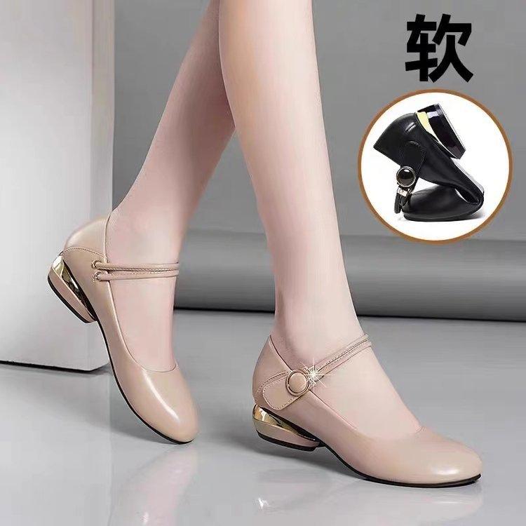 Popular single shoes women's 2025 spring new shallow mouth flat bottom low heel round head small leather shoes soft leather soft sole work shoes women
