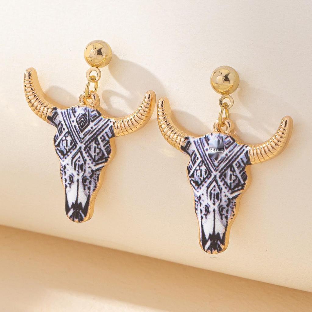 Trendy Bull Head Alloy Earrings: Women's Cross-Border Print Dangle Jewelry