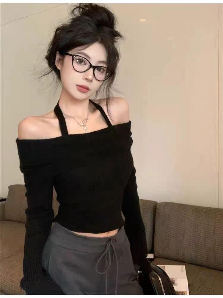 Autumn Winter Off-Shoulder Halter Knit Top for Women