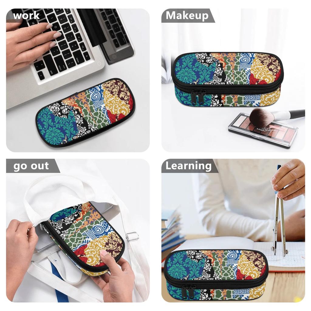 Pencil Pouch Strong Polyester Fabric High Capacity Smooth Zipper with Mesh Pocket Removable Divider and Pen Slots for Students