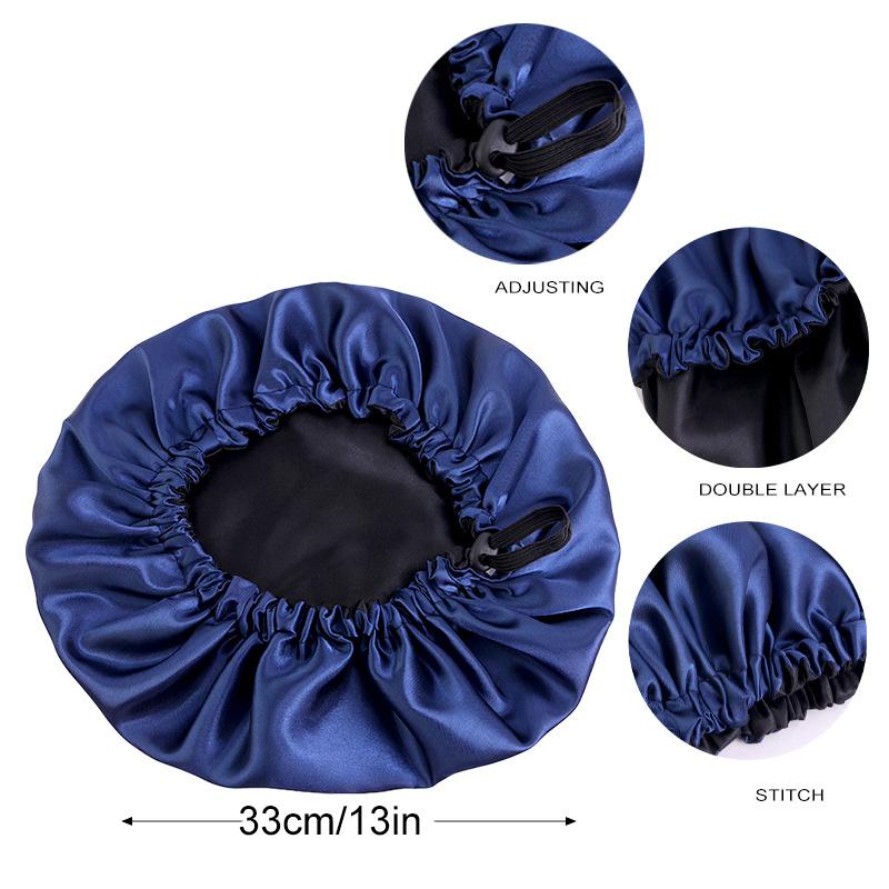 1pc Double Layer Adjustable Satin Bonnet Solid Color Elastic Button for Women Hair Hat Nightcap Silky Satin Fabric
