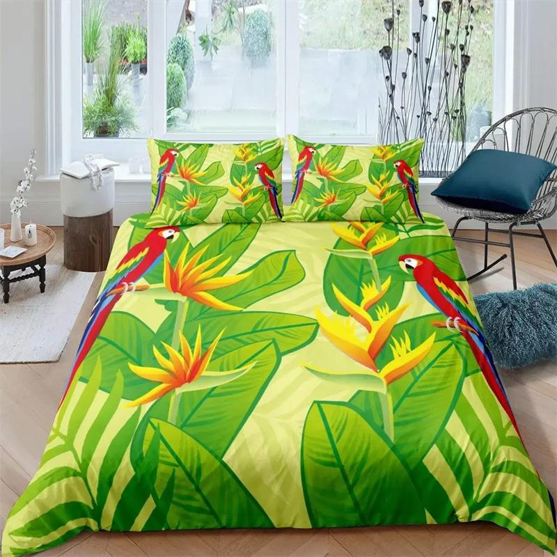 Papagei-Bettbezug-Set, schwarz-weiß gestreiftes Bettwäsche-Set, grüne Pflanze, Palmblätter, Bettbezug, Vogeltier, Polyester-Bettbezug