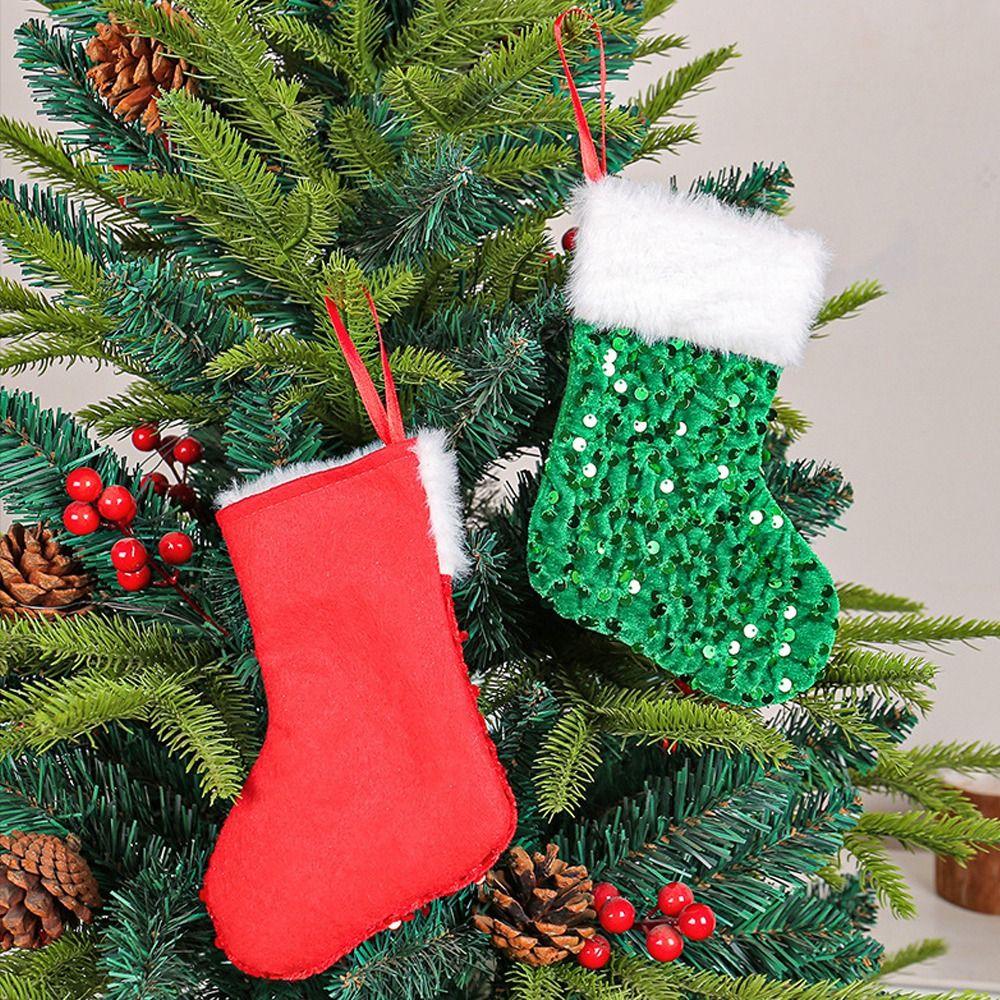 Red Green Plush Sequins Christmas Socks Cartoon Christmas Tree Ornaments Xmas Decor Gift