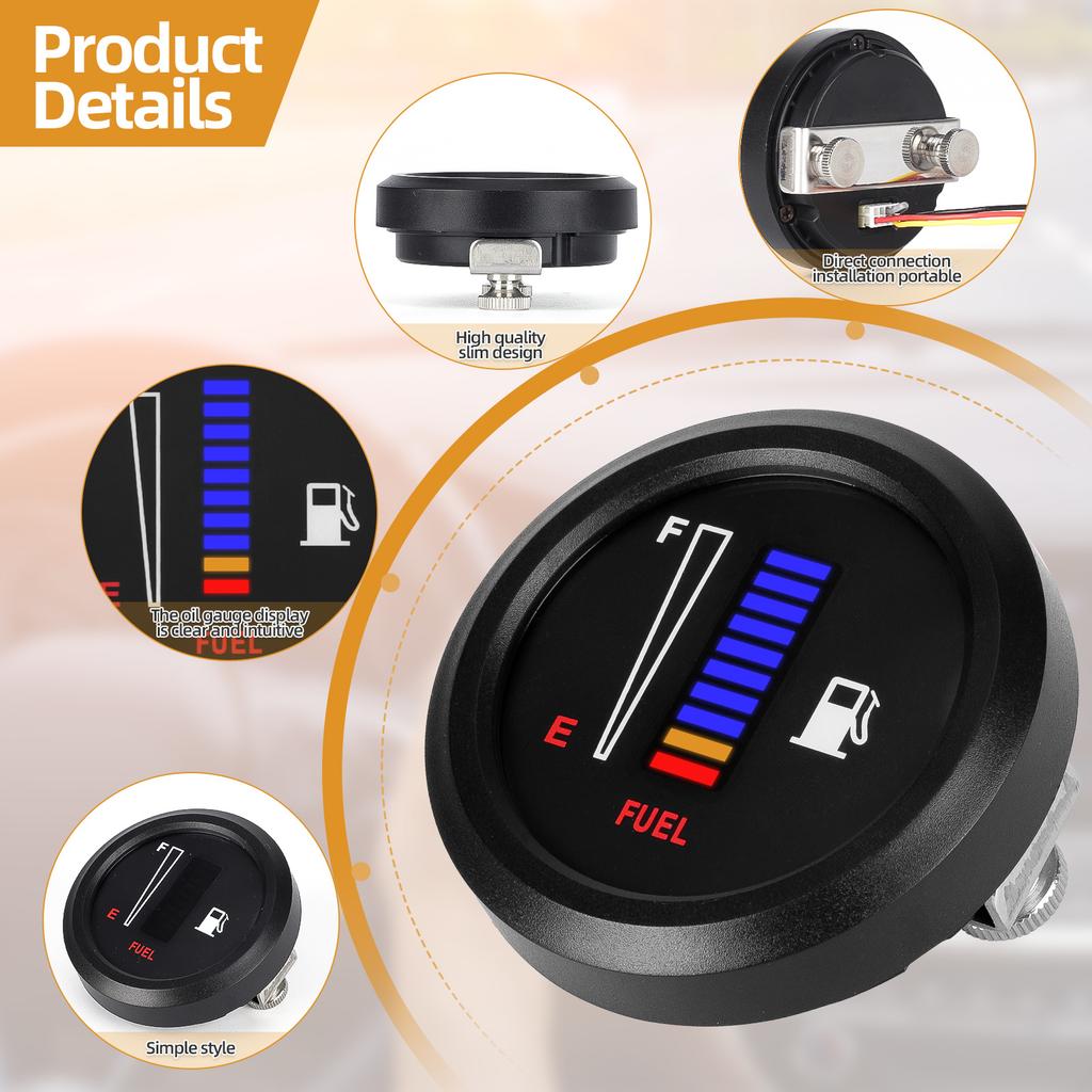 CNSPEED Universal 12V 2" 52mm Fuel Level Gauge Car Motorcycle Fuel Level Meter Gauge Electronic LED Ultra Thin Benzine Meter