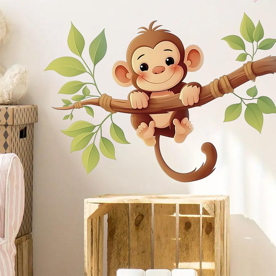 Cute Cartoon Little Monkey On Branch Wall Stickers, Self-Adhesive Decor for Kids Room Bedroom Background Wall Decoration