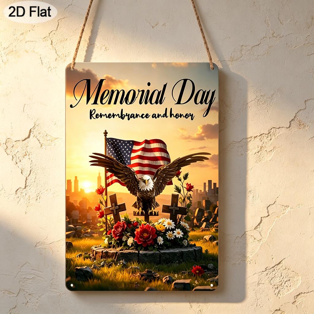 2D Flat 1pc Memorial Day Remembrance and Honor Metal Sign 7.87x11.81inch - Aluminum Patriotic American Flag Eagle Decor for Home, Yard, Veterans