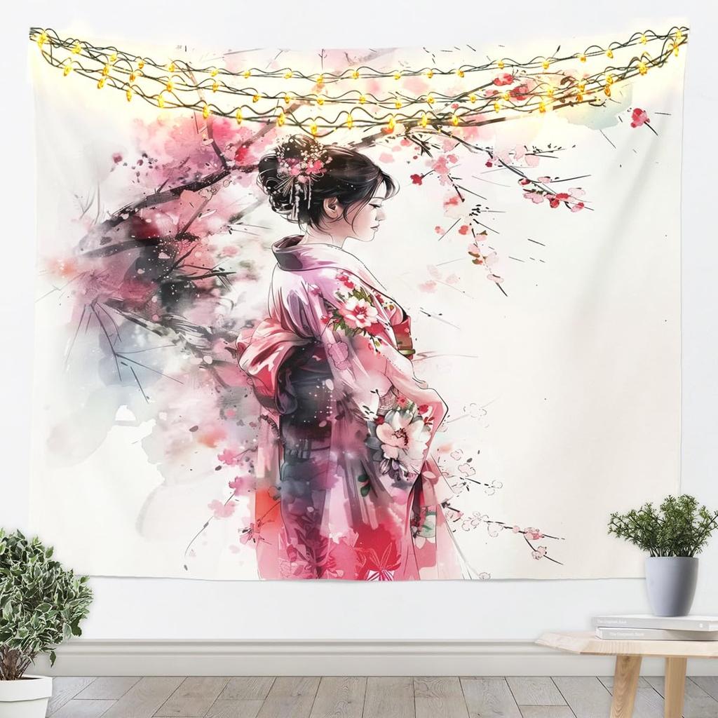 Japanese Geisha Tapestry, Traditional Woman with Red Cherry Blossoms Ink Art Wall Hanging for Bedroom & Artistic Home Decor