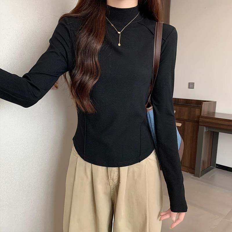 

Базовая рубашка с длинным рукавом, футболка для женщин, полуворотник-стойка, талия «рыбий хвост», многослойный внутренний слой, осенне-зимний бархатный теплый топ XL