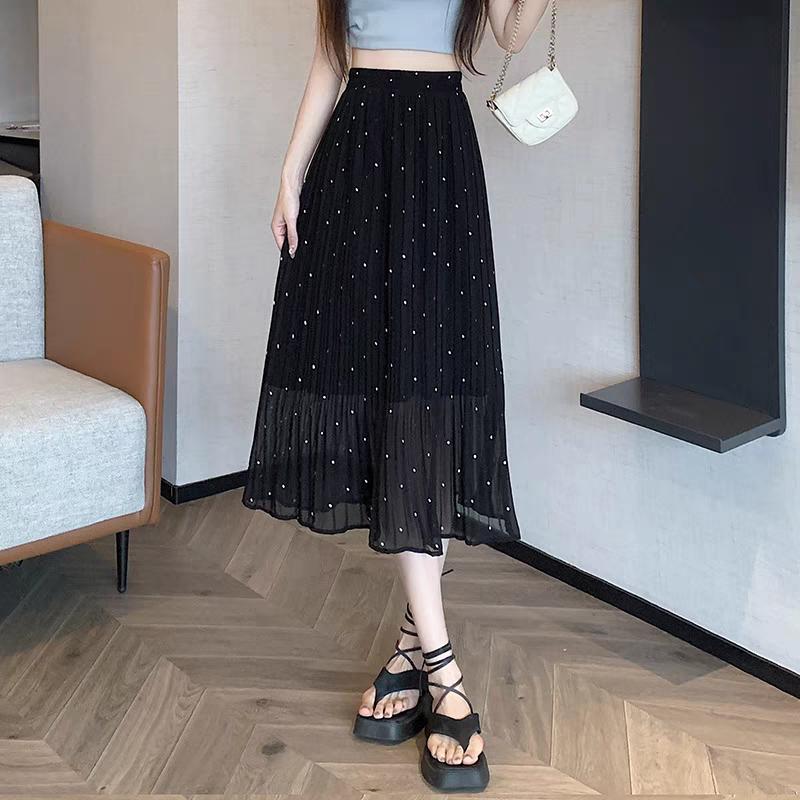 Polka Dot Chiffon Pleated Skirt Women's Summer Dot Midi High Waist Drape Slimming Versatile A-Line Skirt