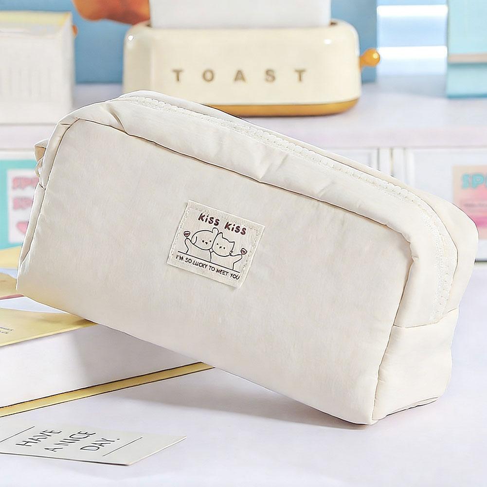 

Large Capacity Cute Cartoon Solid Color Pen Bag Portable Storage Bag Multi-function Stationery Organizer Students Supplies бежевий