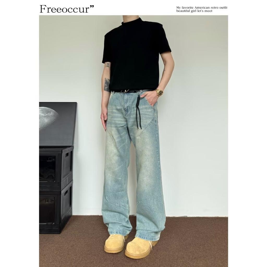 Autumn And Winter New American High Street Washed Light Colored Jeans For Men And Women Straight Leg Slightly Flared Loose Wide Leg Pants