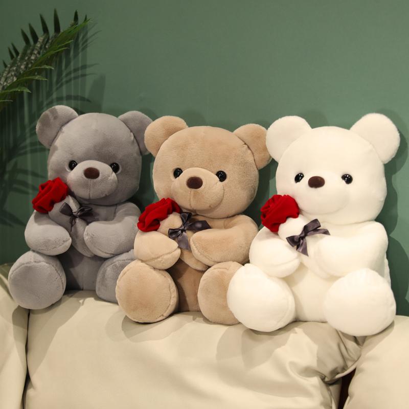 Kawaii Bear with Roses Plush Animals Toy Soft Bear Stuffed Doll Romantic Gift for Lover  Birthday Gifts for Girls Home Decor