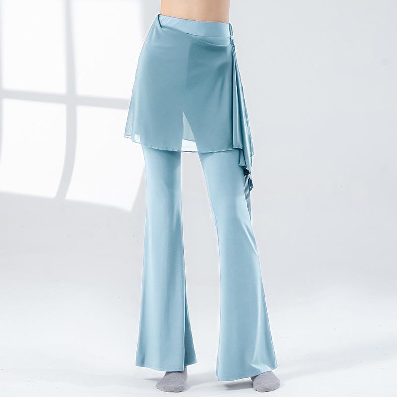 Modern Dance Pant Women Long Microflared Latin Trousers Mesh Wrap Skirt Classical Practice Costume Stage Line Dancewear Female