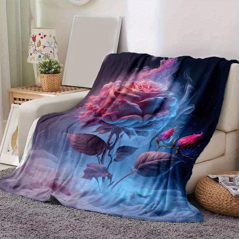 1pc Pink Rose Printing Lightweight Flannel Blanket, Comfortable and Warm Blanket, for Camping Sofa Bed and Couch Office, Gift