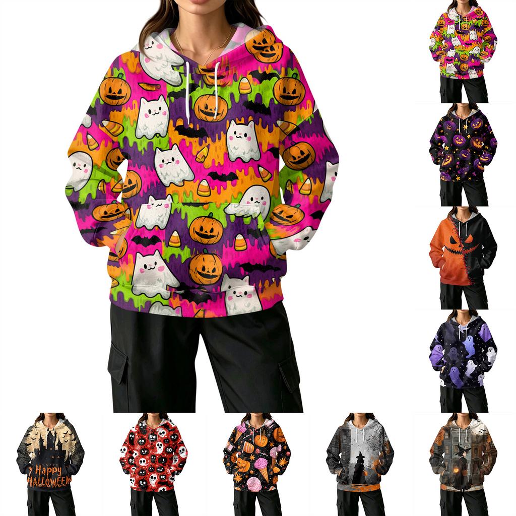 Women's Casual Halloween Print Hoodie with Front Pockets