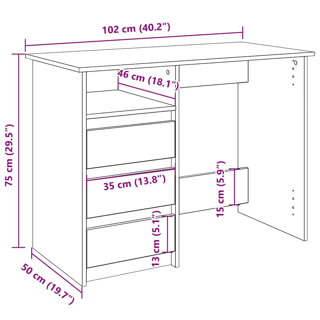 Vintage Wood Effect Desk 102 X 50 X 75 Cm Engineered Wood