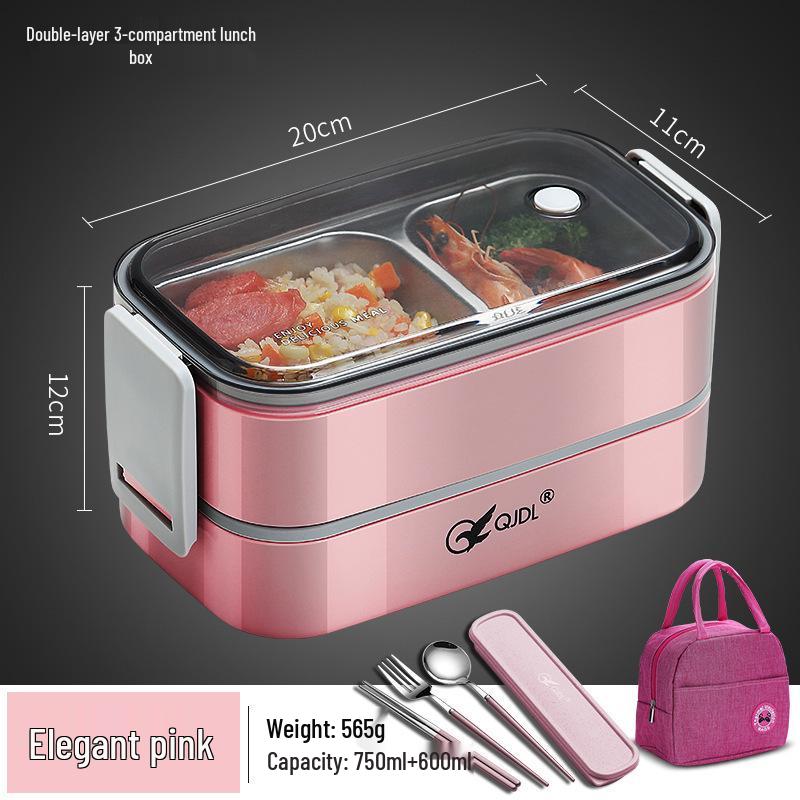 Bento Lunch Box a Doppio Strato in Acciaio Inossidabile, Contenitore Adatto al Microonde per Ufficio e Studenti