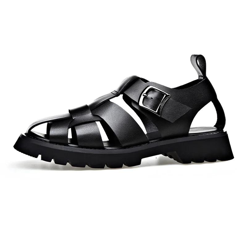 Fashion Big Size Cow Leather Roman Sandals for Men 2025 Summer Designer Hallow Out Platform Shoes Male Fashion Casual Black Sandals Man