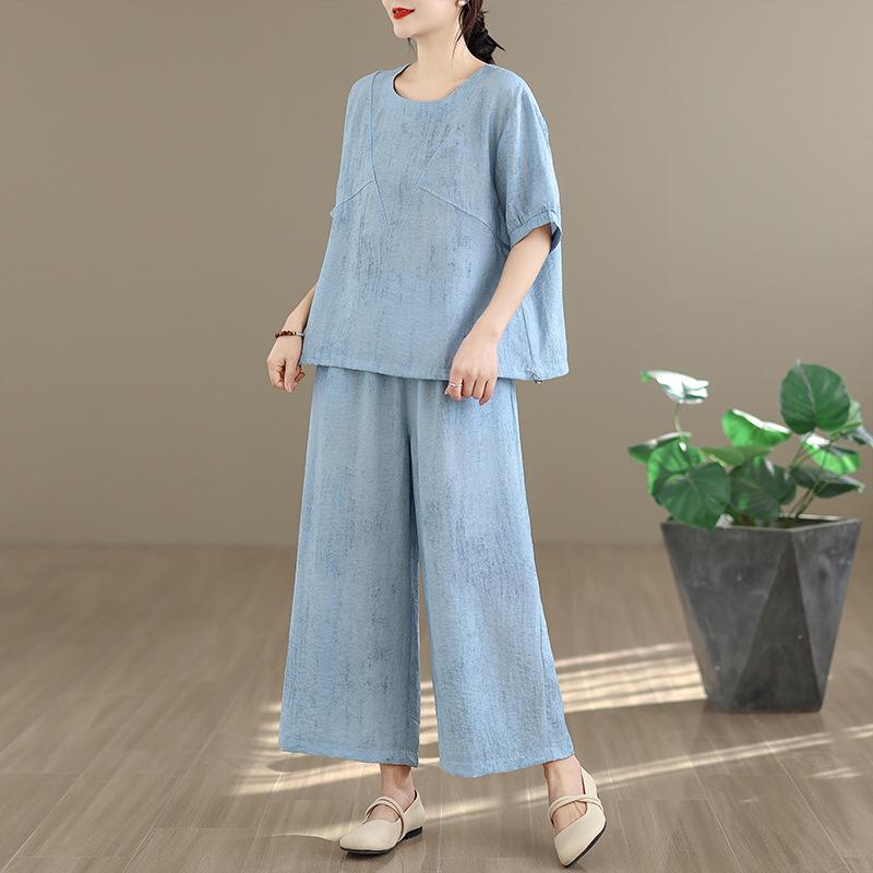 

2026 Summer Fashion: Elegant Casual Cotton Linen Two-Piece Set with Wide-Leg Pants L синій