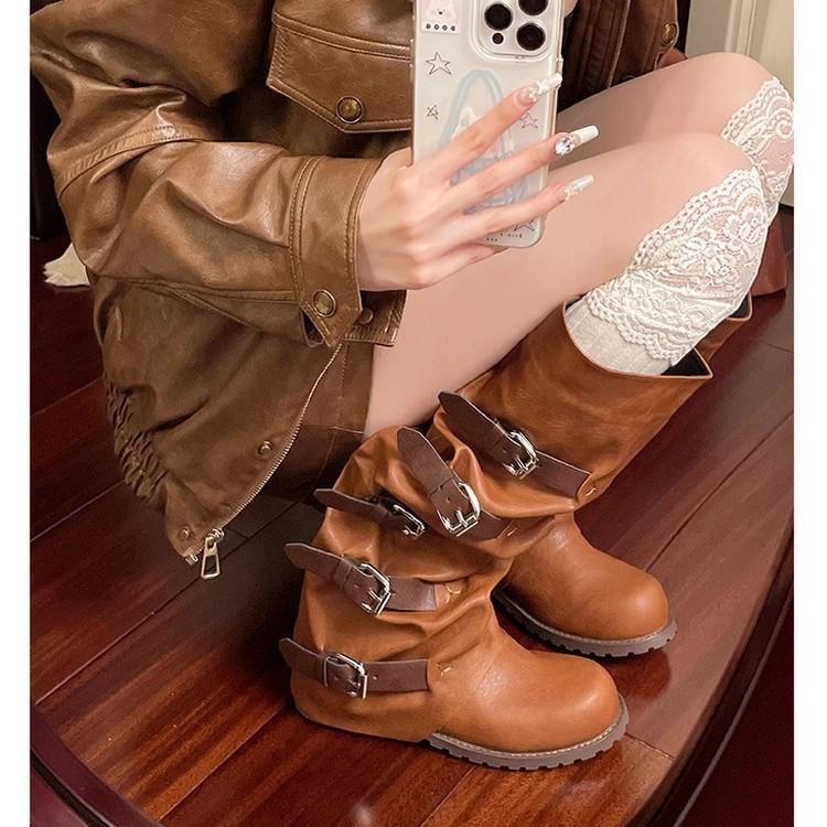 Vintage belt buckle trouser tube western cowboy boots women's medieval stacking boots bundle thick sole heightening long tube Martin boots