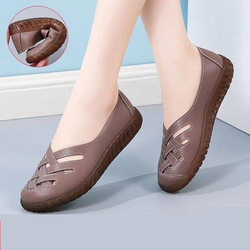 

Кожаные нескользящие туфли из говяжьих сухожилий с мягкой подошвой и отверстиями, летняя верхняя одежда, обувь для мам, полые, дышащие, универсальные сандалии с одной педалью 41