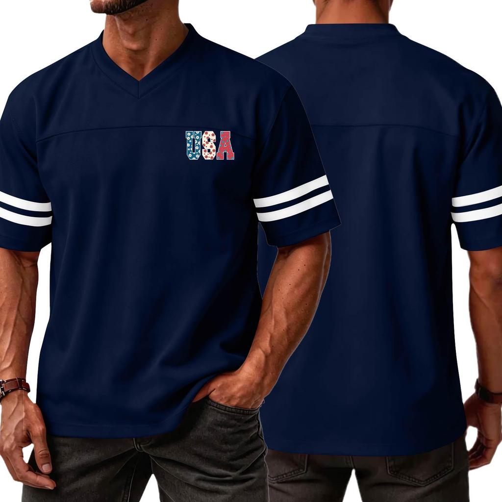 Men V Neck Short Sleeve Jersey Top with USA Independence Day Print and Striped Sleeve Athletic Casual Style Shirt for Sports and Daily Wear