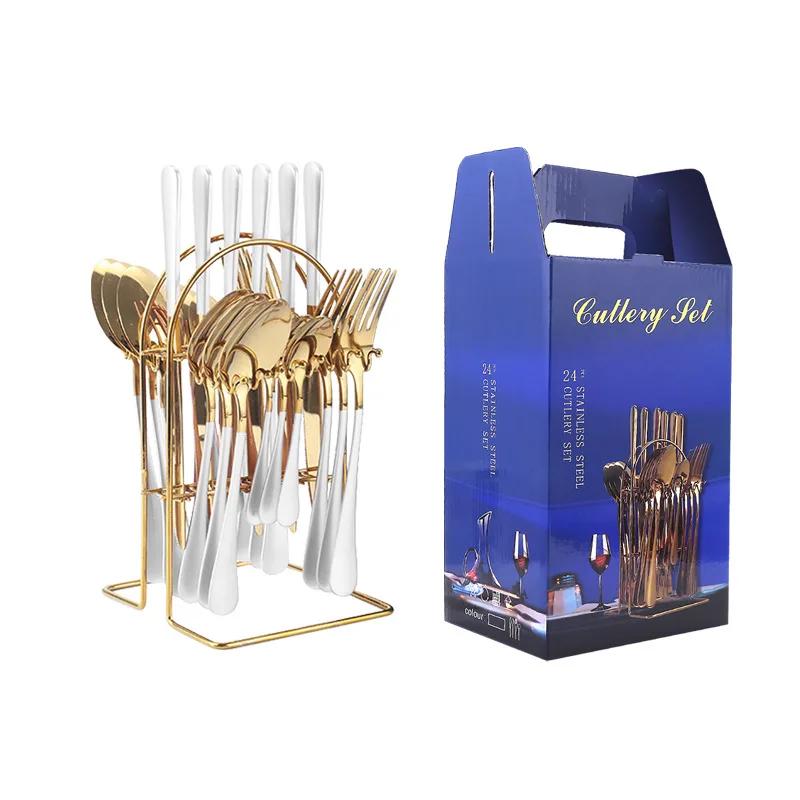 24pcs Luxury Dinnerware Sets with Holder Stainless Steel Fork Spoon Knife Business Gift Box Cutlery Rack Home Flatware Tableware