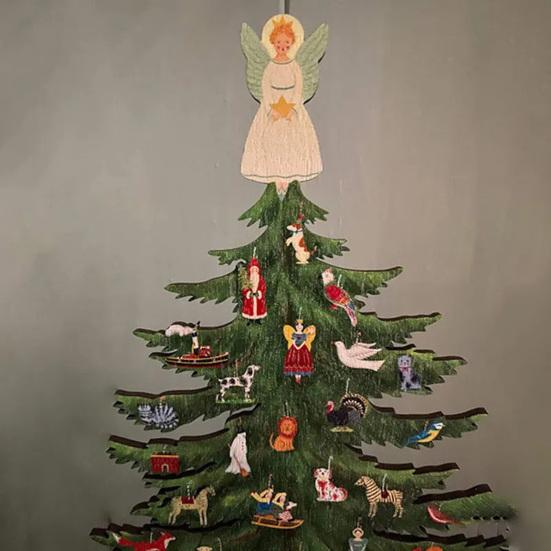 10 Inch Wooden Mini Christmas Tree Handmade 3D Xmas Tree Tabletop Centerpiece with Angel Topper for Home Office Mantel Decor