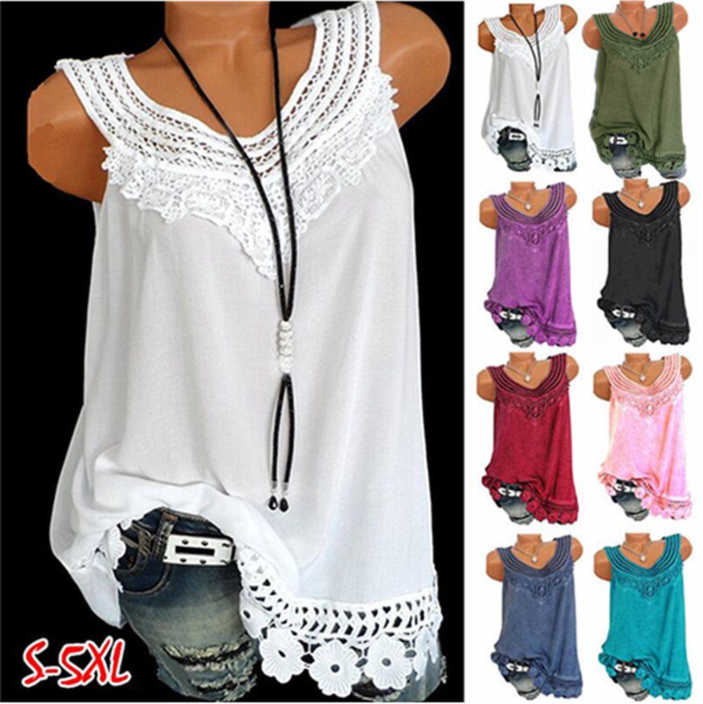 Women's Loose Sleeveless Vest T-shirt Blouse With Elegant Boho Lace Design In Plus Sizes