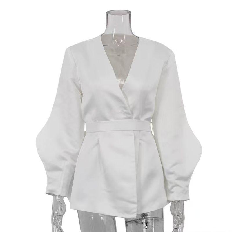 

French Style New Arrival Long Sleeves V-neck Lace up Elegant Versatile Top Long Sleeved V-neck Tied Top White S