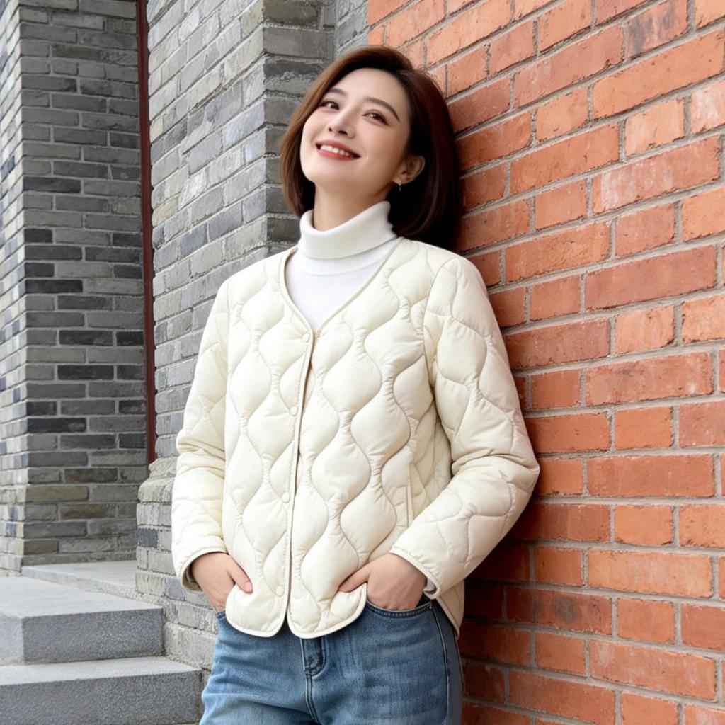 Light and thin cotton-padded clothes women's short casual cotton-padded jackets autumn and winter new V-neck warm jackets small versatile